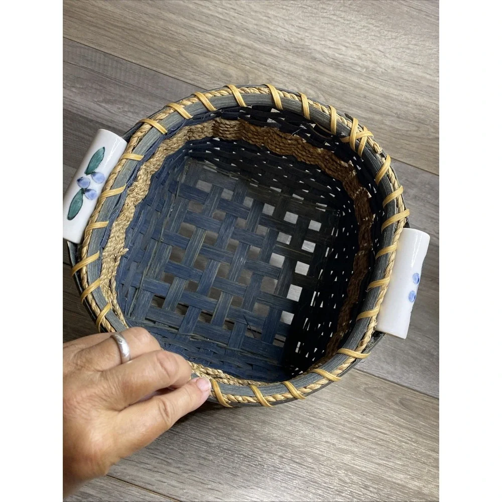 Vintage Bamboo Woven Basket Blue With Porcelain Handle